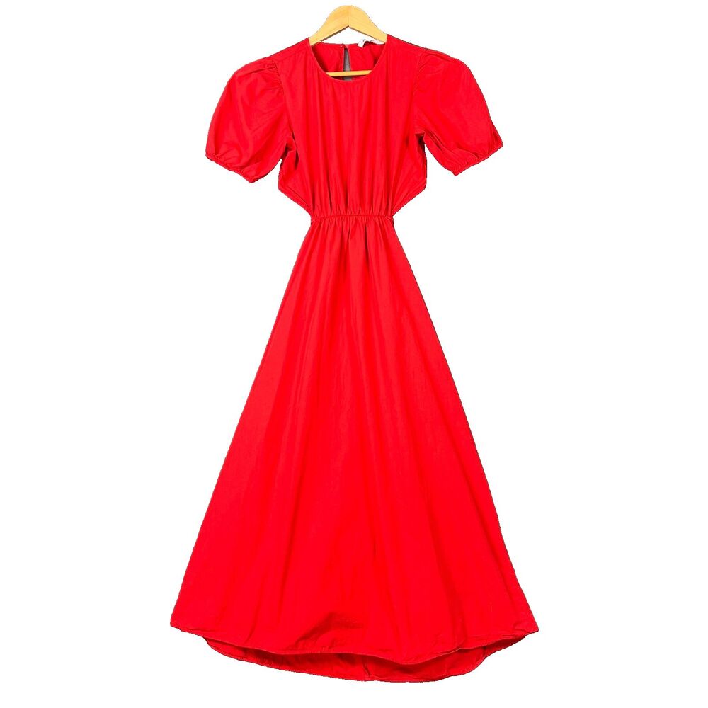 Zara Red Cotton Poplin Cut Out Midi Dress Puff Sleeve Backless Open Tie Size XS